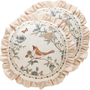 FLORAL BIRD LINEN THROW PILLOW COVERS – 16" ROUND WITH RUFFLE EDGE, SET OF 2