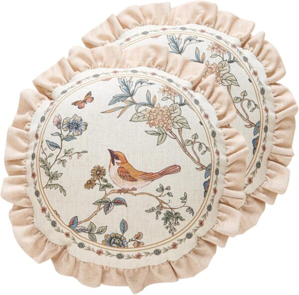 FLORAL BIRD LINEN THROW PILLOW COVERS – 16" ROUND WITH RUFFLE EDGE, SET OF 2