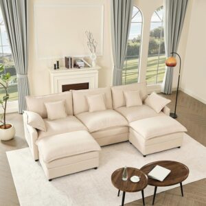 108" U-Shaped Modular Sectional Sofa with Ottoman – Beige Linen Deep Seat Japandi Couch