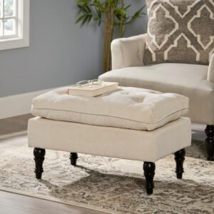 28-INCH LOFTON PILLOW TOP OTTOMAN – CREAM UPHOLSTERY WITH TURNED WOOD LEGS