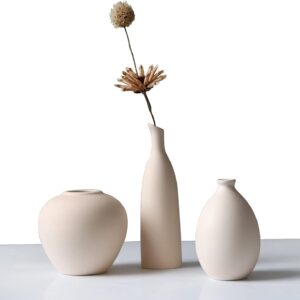 Ceramic Vase Set of 3 – Minimalist Beige Japandi Vases for Shelf, Table, or Mantel