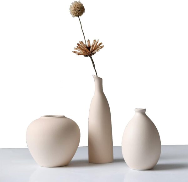 Ceramic Vase Set of 3 – Minimalist Beige Japandi Vases for Shelf, Table, or Mantel