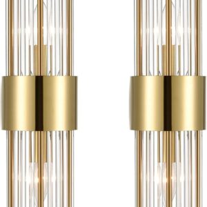 2-Light Brushed Titanium Gold Wall Sconce – Art Deco Revival Glamour With Crystal Elegance (Set of 2)