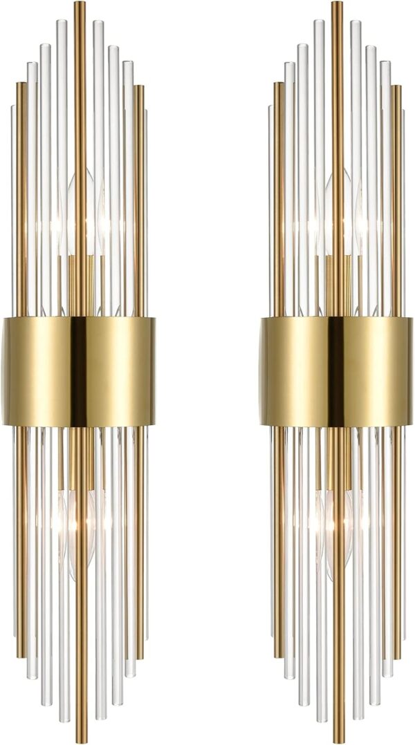 2-Light Brushed Titanium Gold Wall Sconce – Art Deco Revival Glamour With Crystal Elegance (Set of 2)
