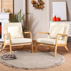 Set of 2 Modern Accent Chairs with Lumbar Pillows – Beige Linen Japandi Lounge Chairs