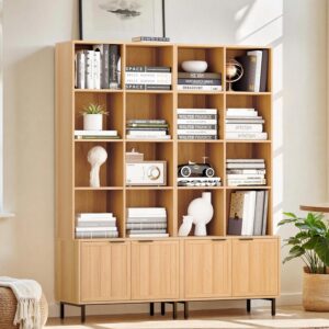 71" Tall Wooden Bookcase with Doors – Japandi Oak Storage Cabinet with Adjustable Shelves