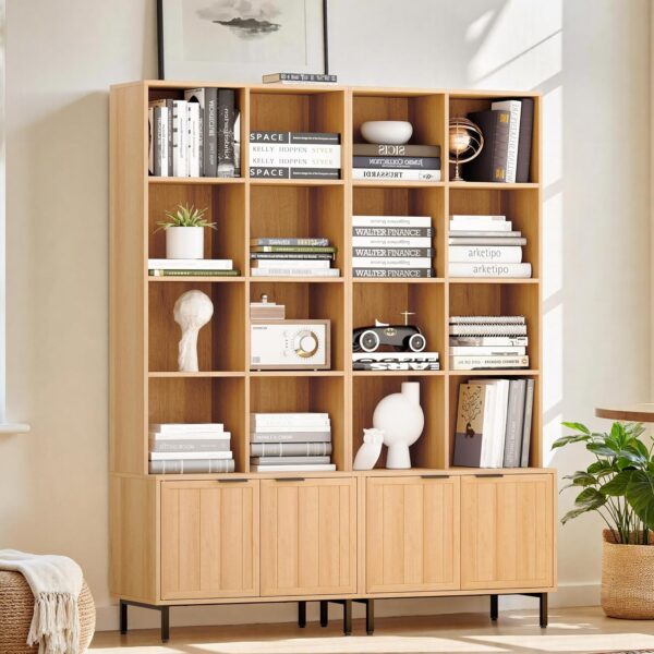 71" Tall Wooden Bookcase with Doors – Japandi Oak Storage Cabinet with Adjustable Shelves
