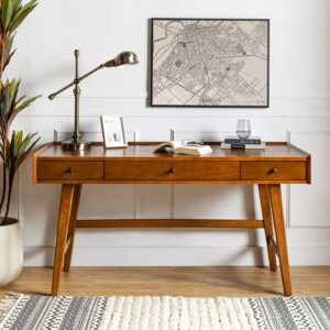 Mid-Century Modern Desk with Drawers & Charging Station