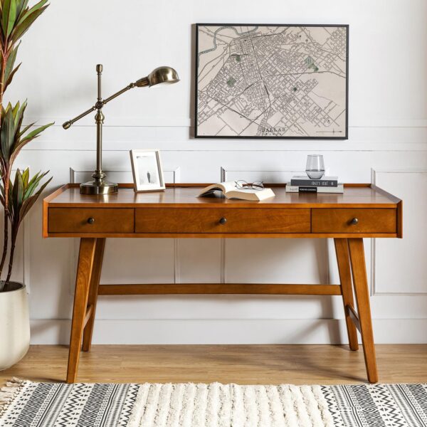 Mid-Century Modern Desk with Drawers & Charging Station