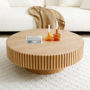 39.4" Round Oak Coffee Table – Modern Japandi Drum-Style Center Table