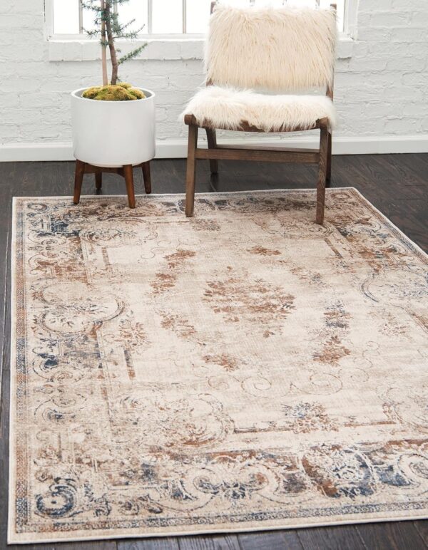 Chateau Collection Victorian Area Rug | 5x8 Distressed Beige & Light Brown Rug