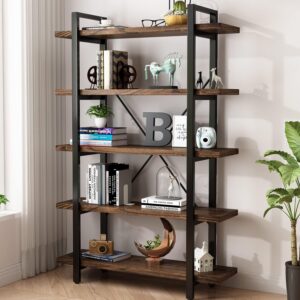 5-Tier Industrial Style Solid Wood Bookcase – Rustic Wood and Metal Shelving for Loft Living Rooms or Offices