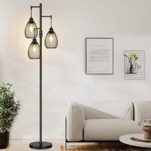 Dimmable Industrial Floor Lamp – Tree Lamp with Edison Bulbs and Teardrop Cage Design, Black