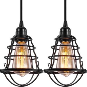 Industrial Pendant Light Edison Hanging Cage Pendant Lights – 2 Pack Vintage Adjustable Fixtures for Kitchen or Loft Spaces