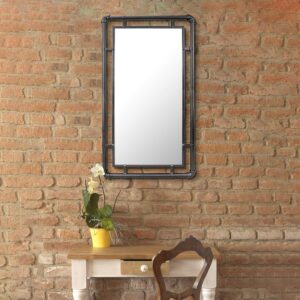 Rectangle Industrial Pipe Wall Mirror – 29.1" x 16.7" Black Metal Frame with Hangers